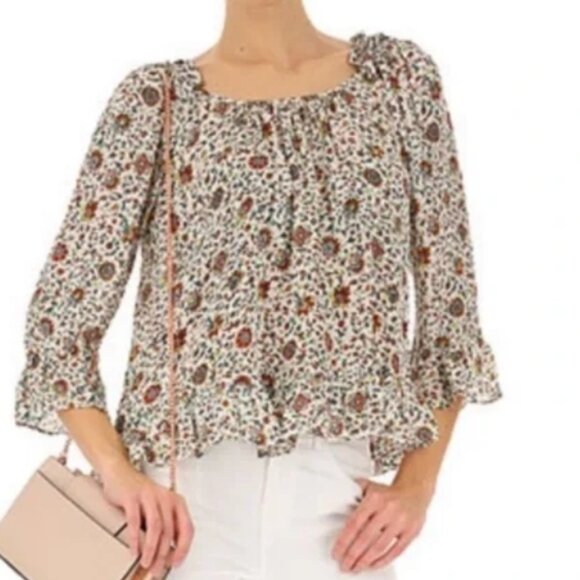 NWOT Tory Burch Ivory Soleil Floral Ruffle Silk Bohemian Top/Blouse XS $348 - Picture 1 of 16